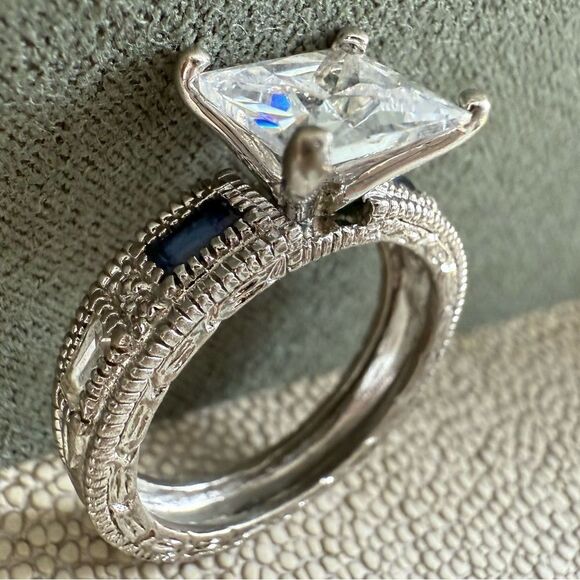 Large Princess Cut CZ Ring with Blue Accent Stones – Size 8 Bold Glam Look - Picture 8 of 17